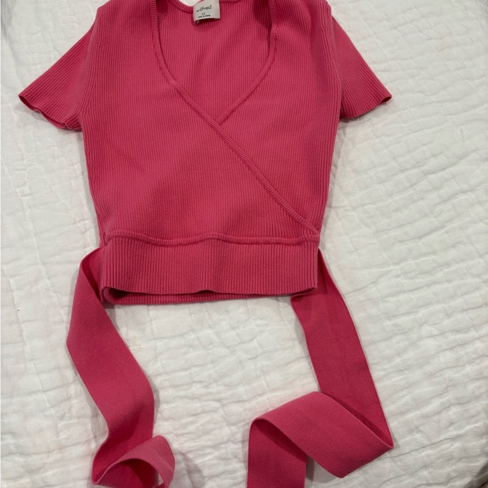 Aritzia Wilfred Pink Ribbed Tie Top